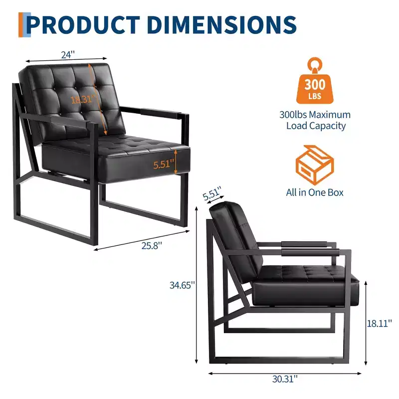 PU Leather Mid-Century Modern Accent Chair with Thick Cushion & Metal Legs, for Living Room/Bedroom/Office, Black, Single/2-Pack