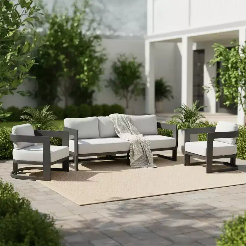 Christopher Knight Home Qiros Modern 3 Piece Patio Aluminum Seating Set with 3-Seater Sofa and 2 Club Chairs