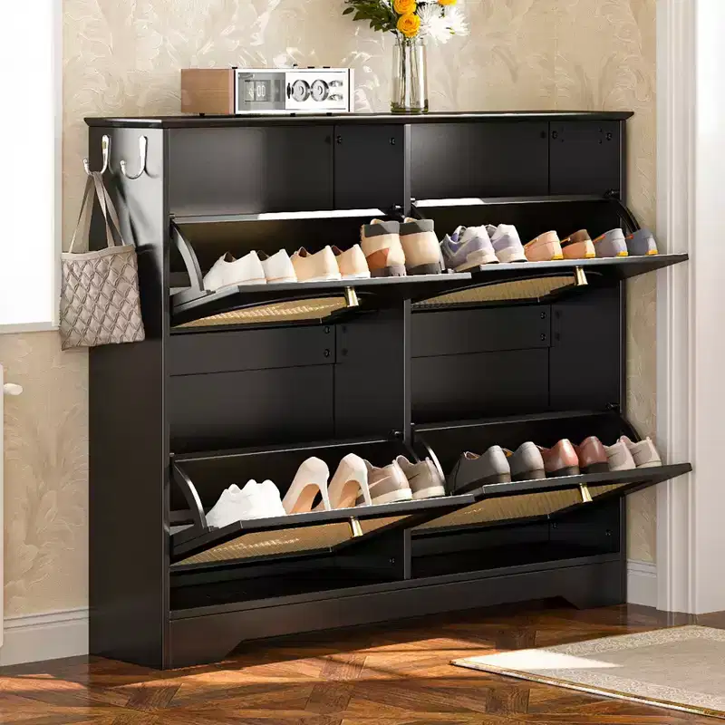 Whisen Narrow Tipping Bucket Shoe Rack & Shoe Cabinet with 4 Flip Drawers & Rattan Doors, 2 Silvery Hooks