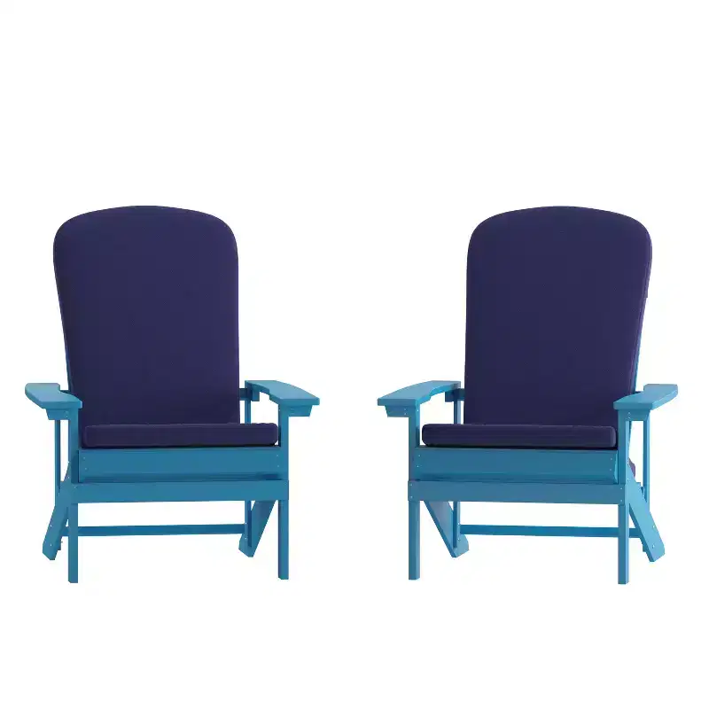 Emma and Oliver Set of Two All-Weather Polyresin Adirondack Chairs with Cushions