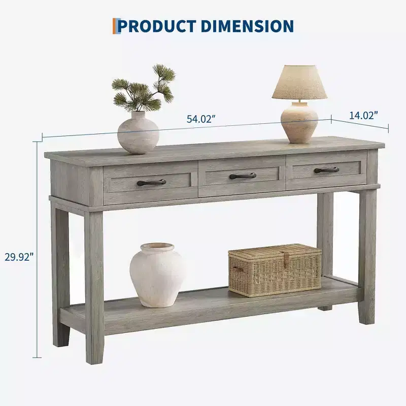 Farmhouse Console Table with 3 Drawers & Open Storage Shelf  2-Tier Wooden Sofa Table  Ideal for Entryway, Living Room, Hallway or Foyer