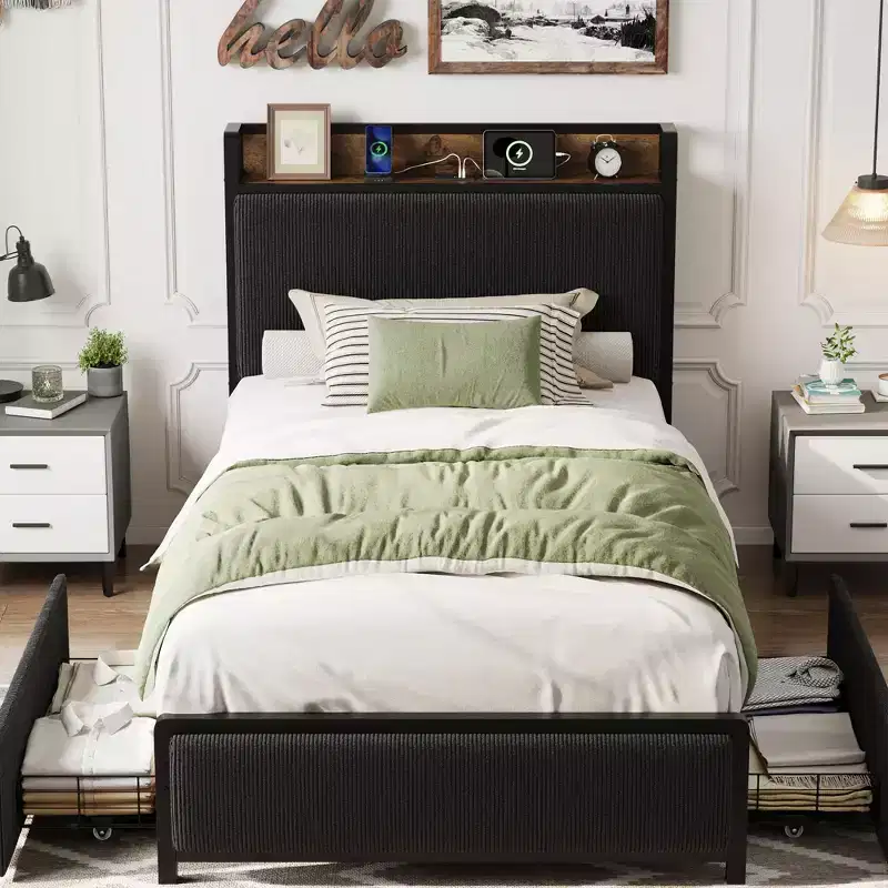 Platform Bed Frame with Storage Drawers and USB Charging, Black Corduroy Upholstered Headboard, Noise-Free, No Box Spring Needed