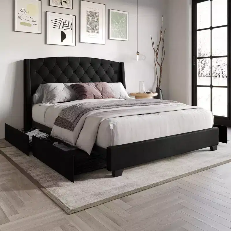 Velvet Platform Bed with Storage Drawers, Wingback Tufted Headboard