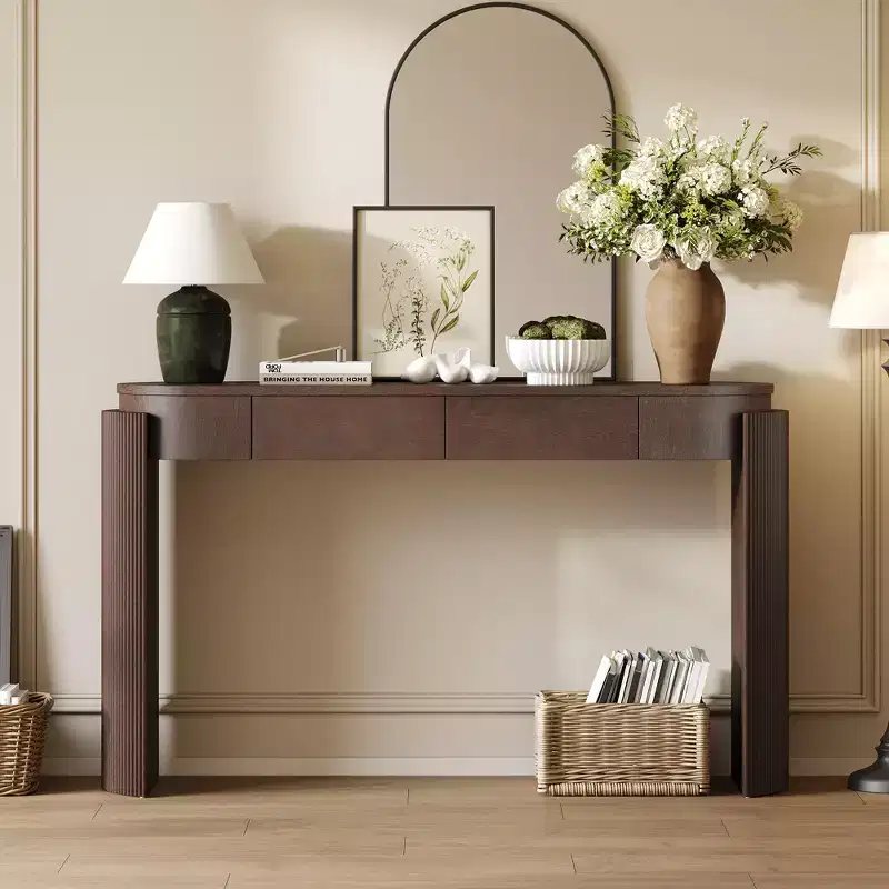 MAYEERTY Console Table with Natural Wood Grain Finish Fluted Design Oval Top and 2 Drawers for Entryway and Living Room Espresso
