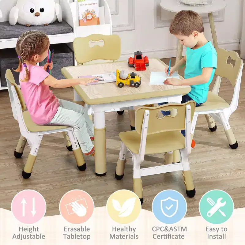 Kids Table and Chairs Set - 23 Height Adjustable Toddler Table with 4 Chairs, Erasable Art Desk for Preschool & Playroom (Ages 2-10)