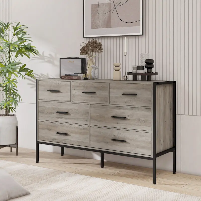 7 Drawer Wood Dresser with Steel Frame for Bedroom - Dark Brown
