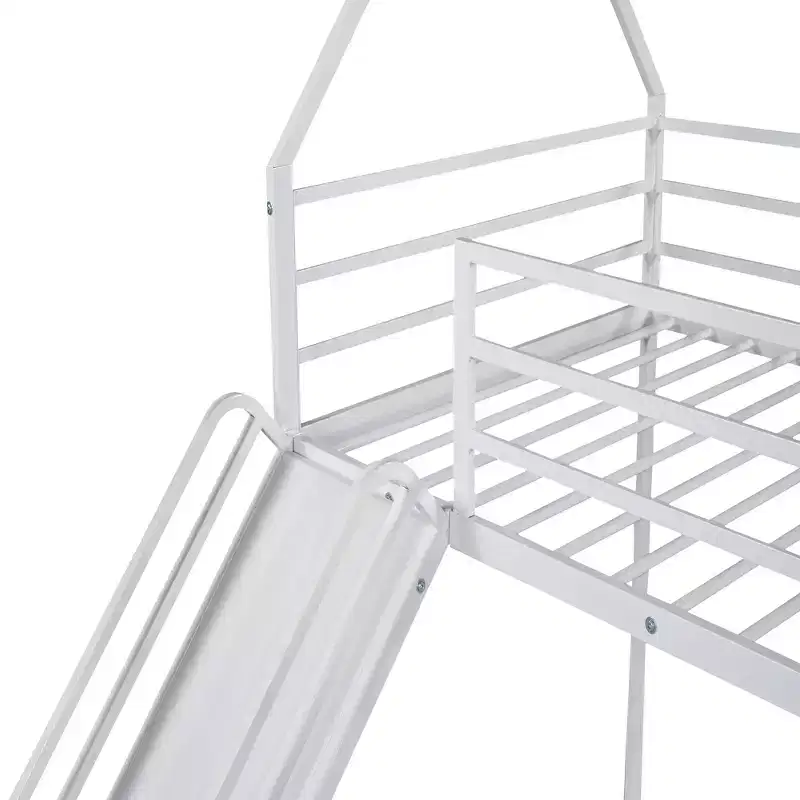 Twin over Twin Metal House Bunk Bed with Convertible Slide and Ladder