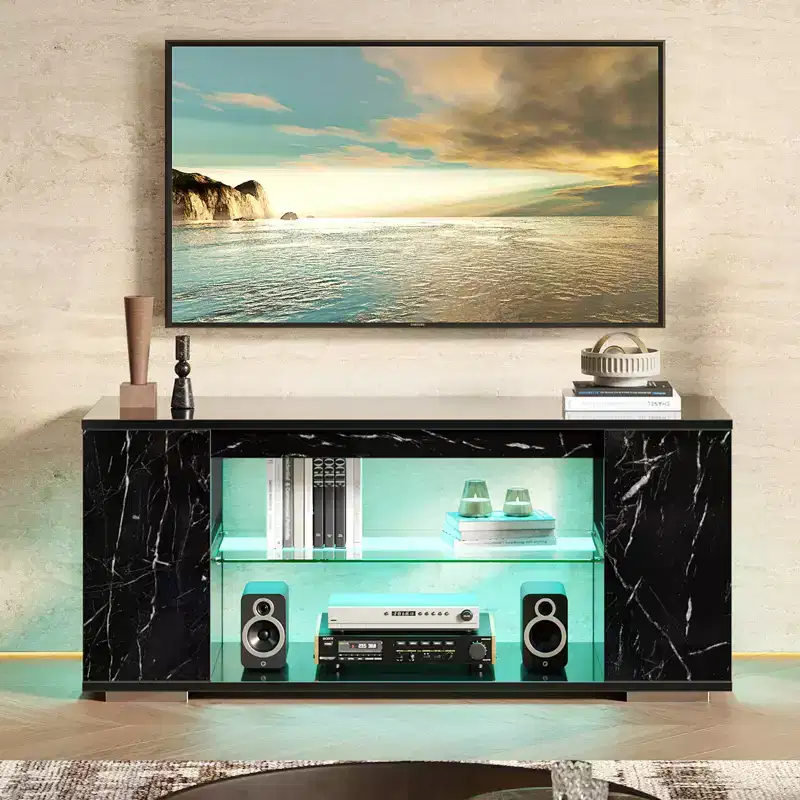 PINMOCO 47 inch High Glossy TV Stand for TVs up to 55 inch with LED and Open Storage Shelves Entertainment Center