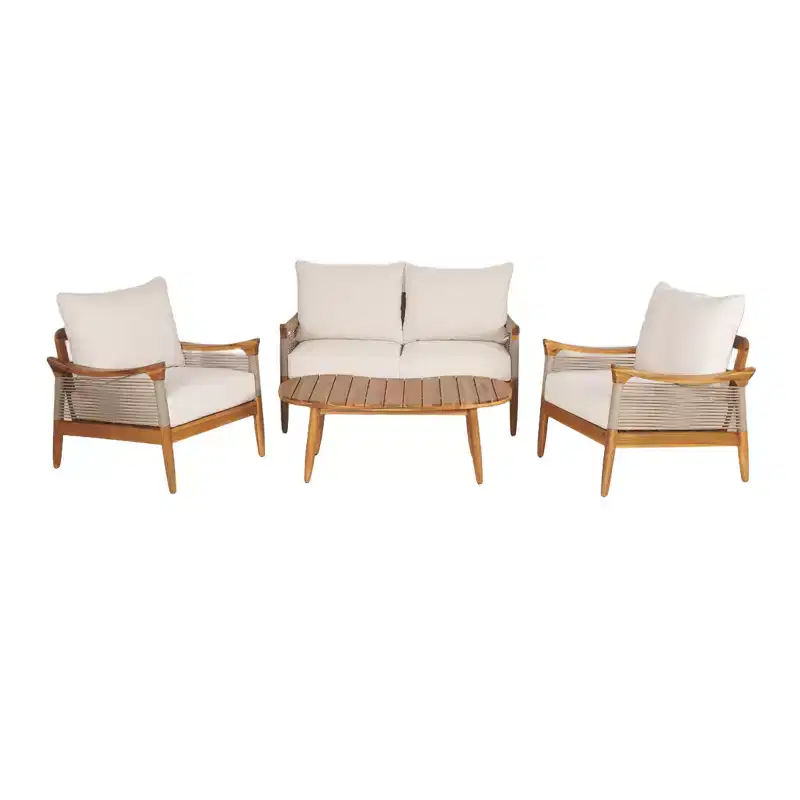 Christopher Knight Home Abell 4 Pieces Outdoor Woven Rope Acacia Wood Upholstered Seating Set