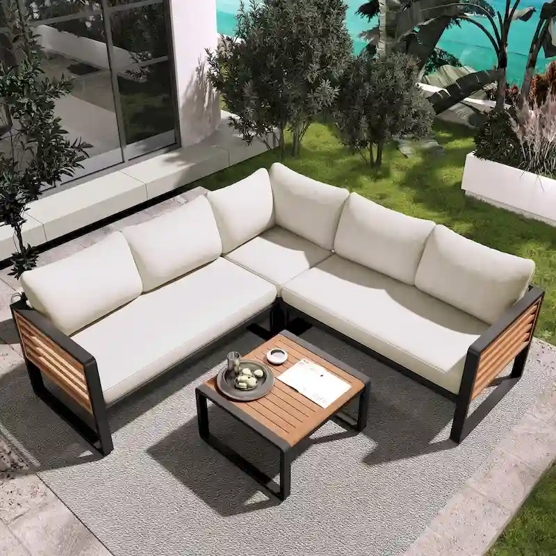 4-Pieces Patio L-shaped Conservation Sofa Set with Coffee Tables