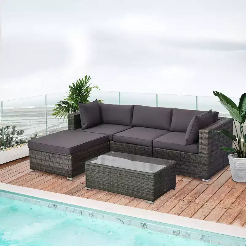 5-Piece Outdoor Sectional Furniture, Patio Sofa Set, PE Wicker Couch, Cushions, Pillows, Ottoman, Table