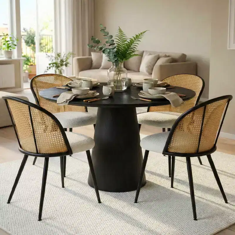 Rattan Dining Chairs Set of 4, Modern Upholstered Armless Kitchen Side Chair with Woven Cane Back, White Boucl Seat & Black Metal Legs - Panipeachy