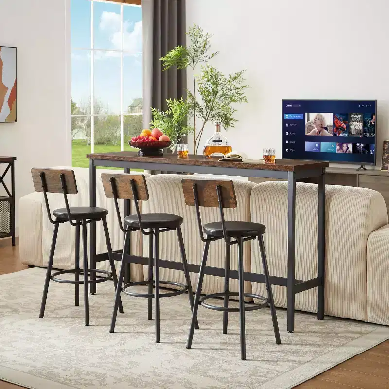 4-Piece Industrial Long Counter Height Dining Table Set with 3 Upholstered Counter Height Stools, Space-Saving Kitchen or Home Bar-Panipeachy