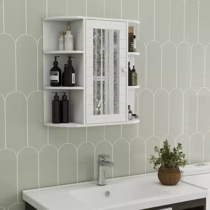 Wall-Mounted Mirror Cabinet with Adjustable Shelves and Open Storage