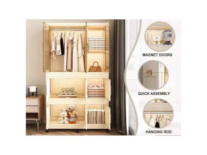 Portable Wardrobe, Plastic Closet Organizer with Hanging Rod and Magnetic Doors, Portable Collapsible Wardrobe Closet Storage Organizer