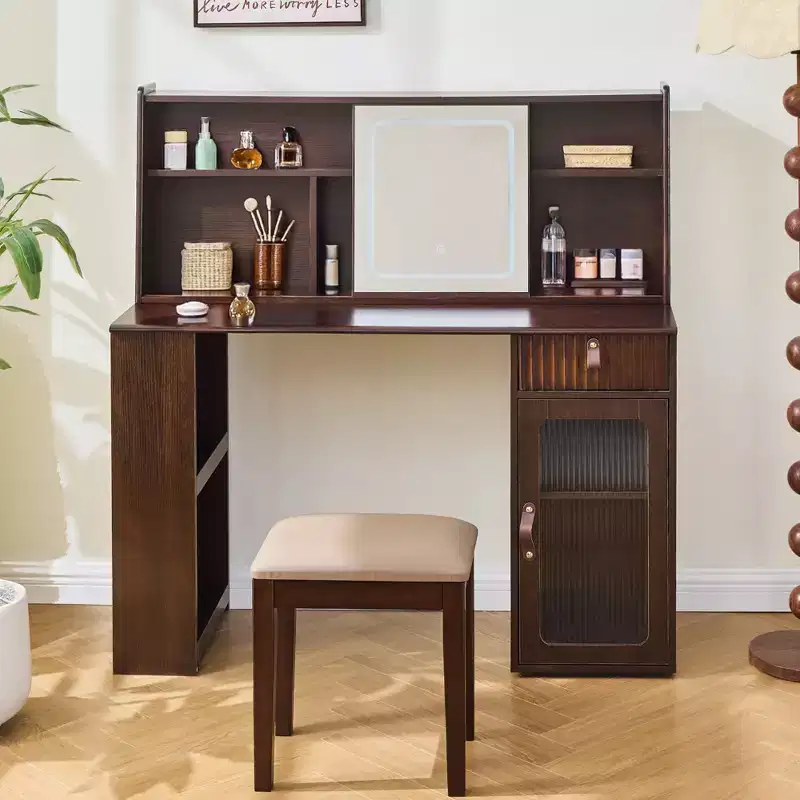 Modern Makeup Vanity Desk with Sliding LED Mirror, Cabinet and Shelf Storage, Side Cabinet, Matching Stool, and Open Shelves for Bedroom
