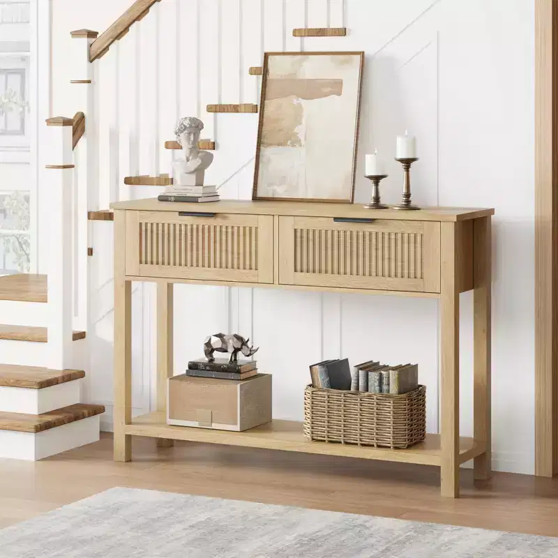 Console Table Boho Entryway Table Sofa Table Hallway Foyer Table Behind Couch Table with 2 Drawers and Open Storage Shelf for Living Room