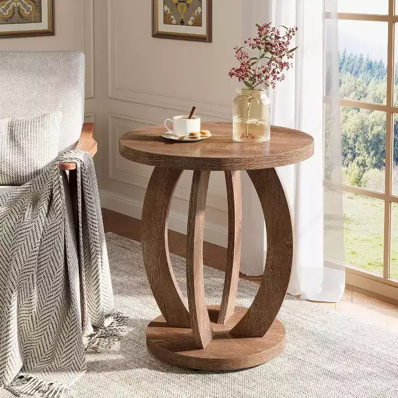 Round End Table with Storage, Farmhouse Nightstand or Accent Table for Living Room, Bedroom, Rustic Brown Wooden Side Table