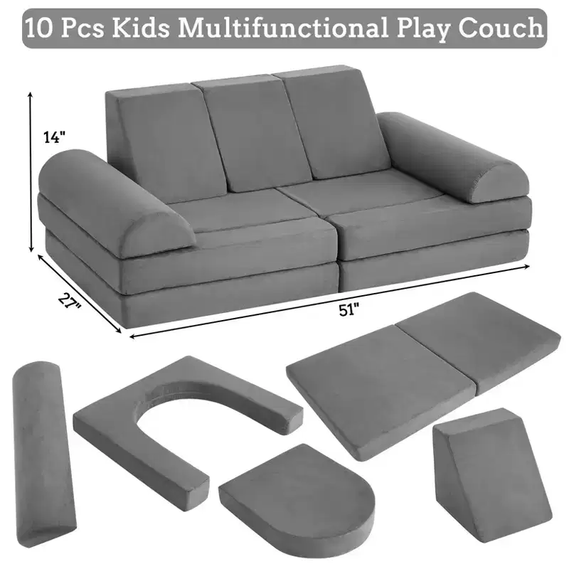 10Pcs Kids Play Couch, Soft Foam Sofa with Machine Washable Cover, Thick Cushion Fort Building Set for Indoor Playroom