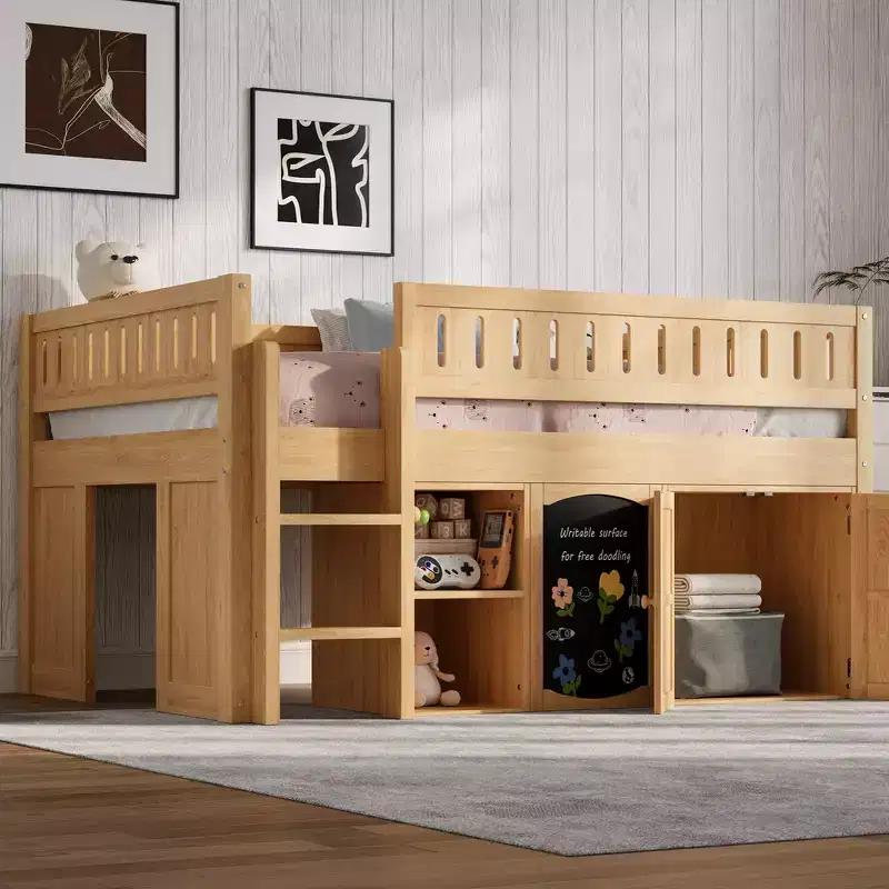 Whisen Full Size Loft Bed with Storage Cabinet and Chalkboard Panel, Space-Saving & Stylish