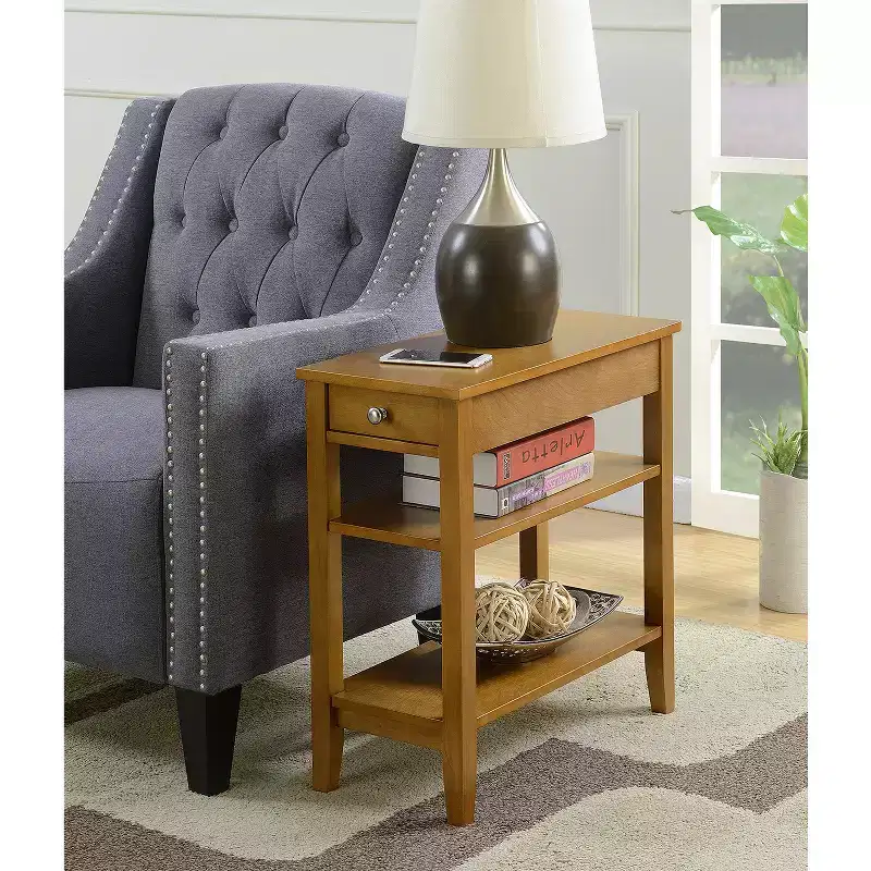 3-Tier End Table with Hidden Storage Drawer, Two Shelves & Nickel Knob