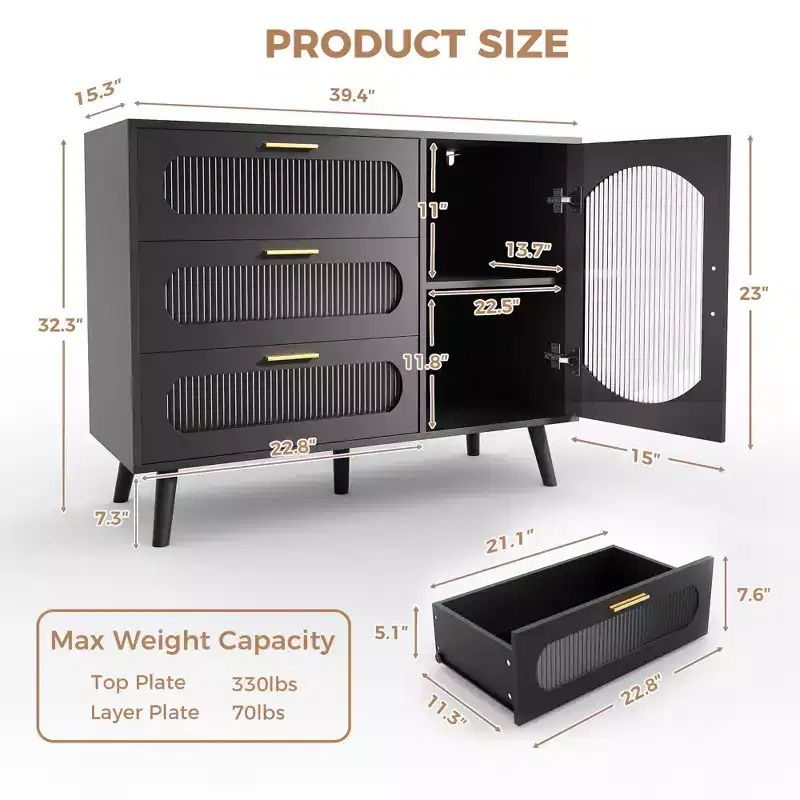 GustoWave Buffet Cabinet with Storage, Sideboard Cabinet with Fluted Glass Door and Drawers, Black Sideboard for Kitchen, Dining Room