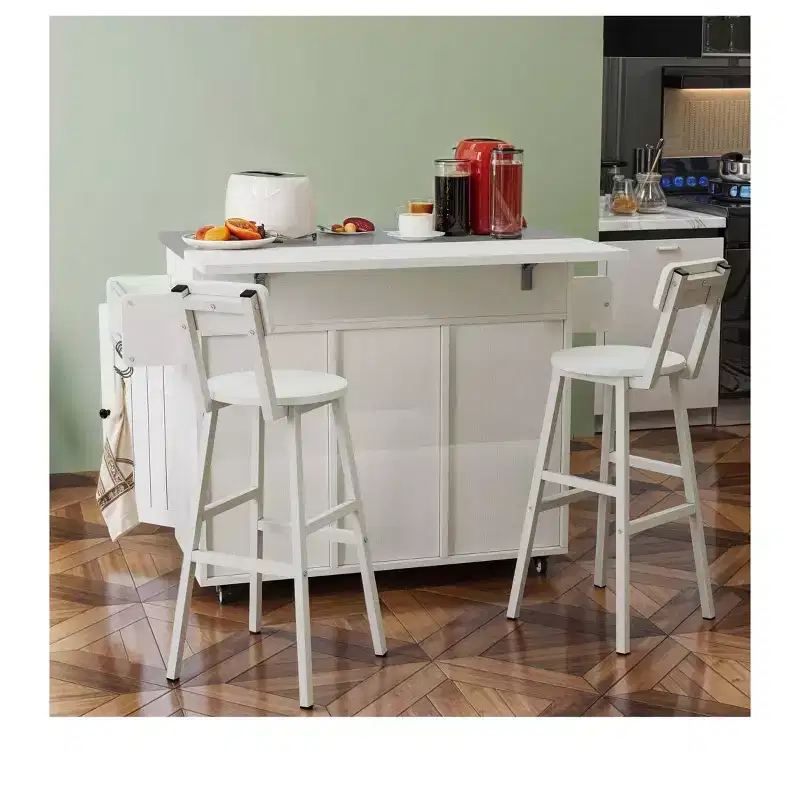 Rolling Kitchen Island Cart with Drop Leaf Countertop Adjustable Shelve Spice Rack With Two Chairs For Kitchen Dining Room