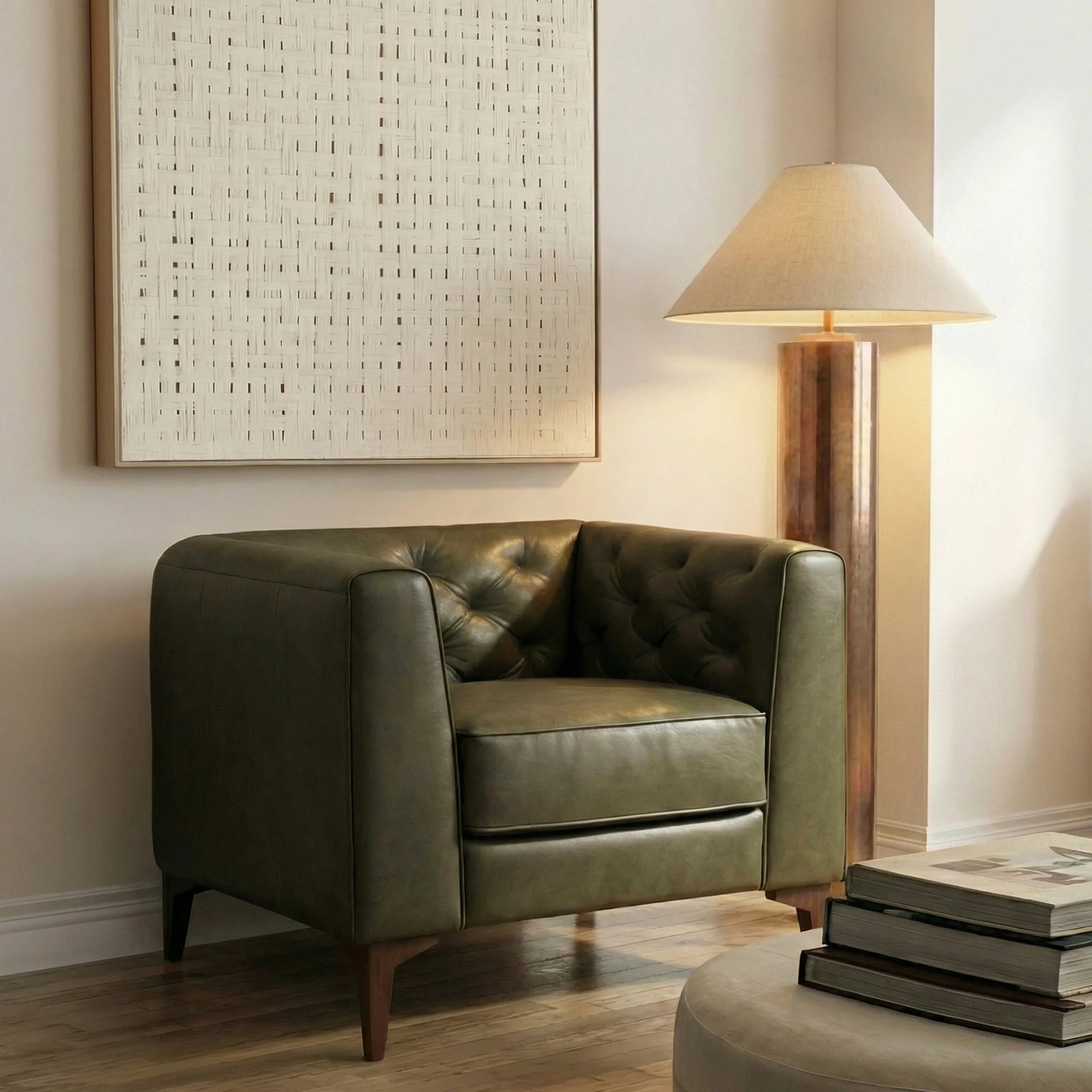 Modern Classic Olivine Green Leather Lounge Chair with Tufted Back