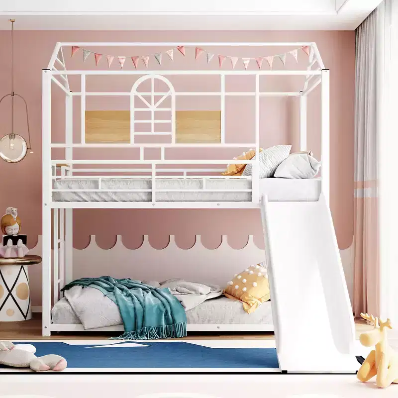 Twin Over Twin House Floor Bunk Bed with Slide, Ladder & Guardrails, White