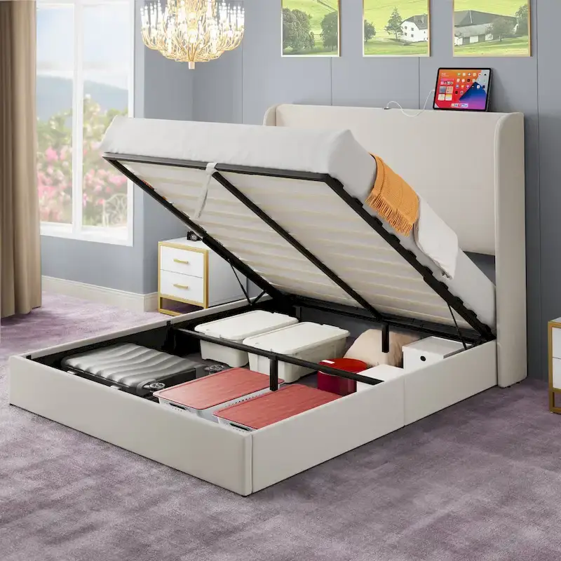Hydraulic Lift Storage Bed Frame with USB/Type-C Ports – 1100 lbs