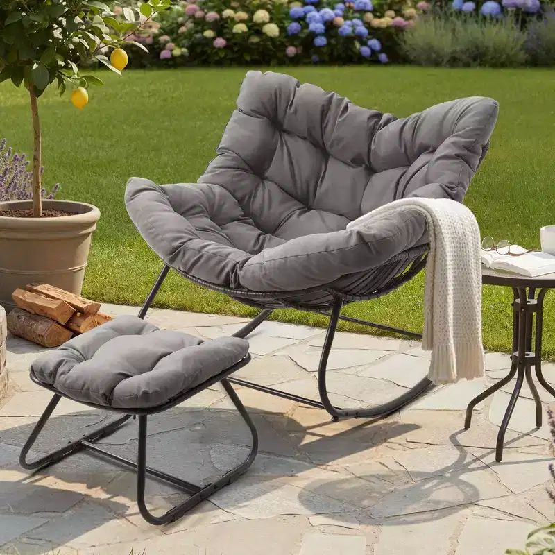 Heynemo Patio Rocking Chair with Ottoman, Outdoor Indoor Rocking Egg Chair with Cushions, Metal Lounge Chair Oversized Papasan Chair, Reading Chair