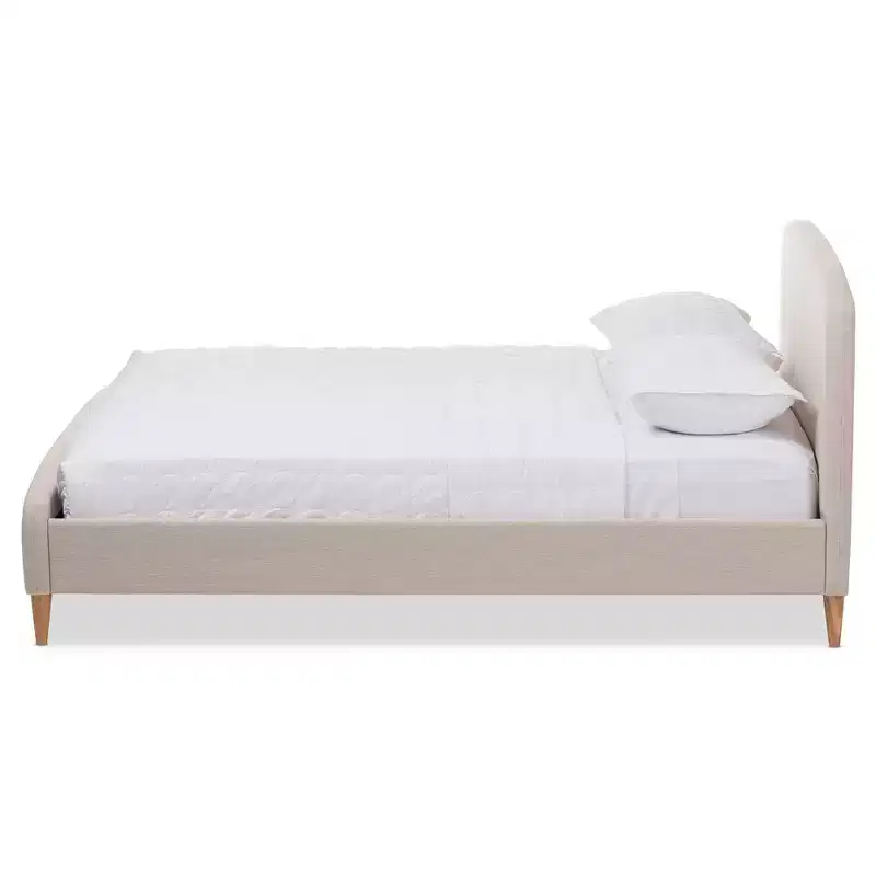 Full Mid Century Fabric Upholstered Platform Bed Light Beige: Rubberwood & MDF Construction, No Box Spring Needed