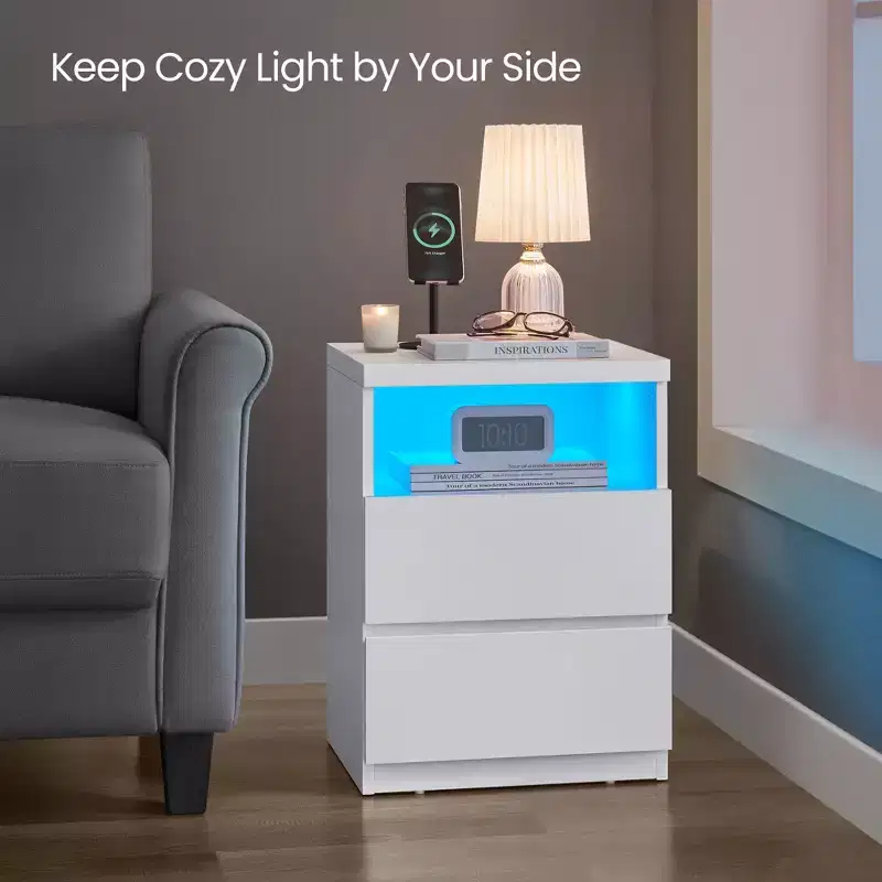 Minimalist Nightstand with Adjustable LED Lighting, 2 Storage Drawers, Compact Side Table - White