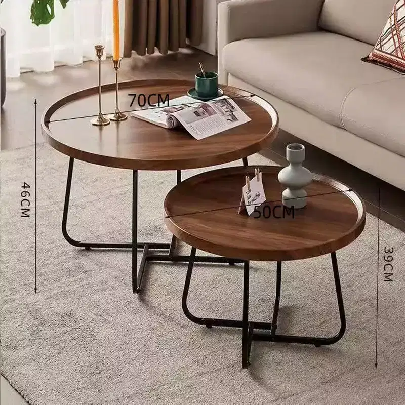 Round Coffee Table, Set of 2, Wooden Living Room Table with Metal Frame, Side Tables for Living Room Table