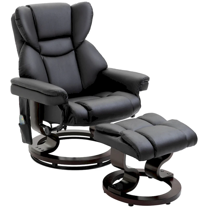 Black Faux Leather 360 Swivel Manual Recliner Set with Ottoman, 10 Vibration Massage Points, Side Pocket