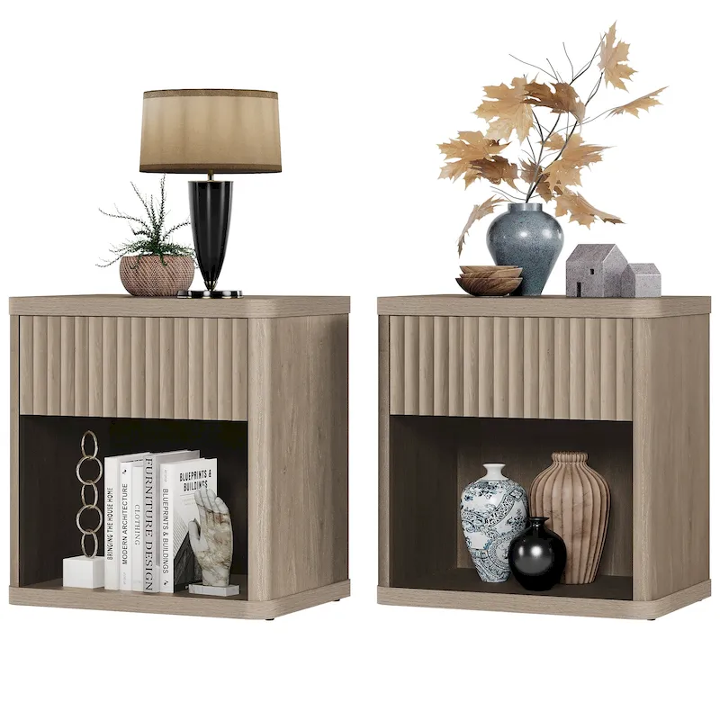 Set of 2 Modern Farmhouse Nightstands with Fluted Drawer & Open Shelf, 22.7