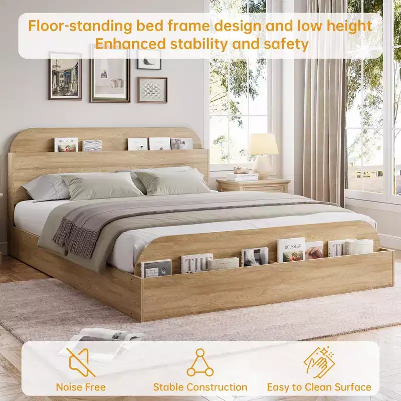 Wooden Bed Frame with Storage Headboard - Low Platform Bed for Little with Raised Footboard, Sturdy Wood Slats (No Box Spring Needed)
