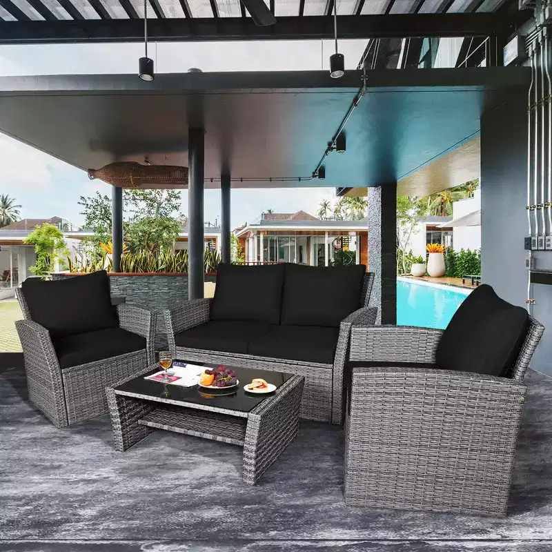 Costway 4PCS Patio Rattan Furniture Set Sofa Table Storage Shelf Cushion