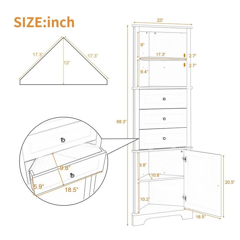 Triangle Tall Bathroom Cabinet with 3 Drawers and Adjustable Shelves