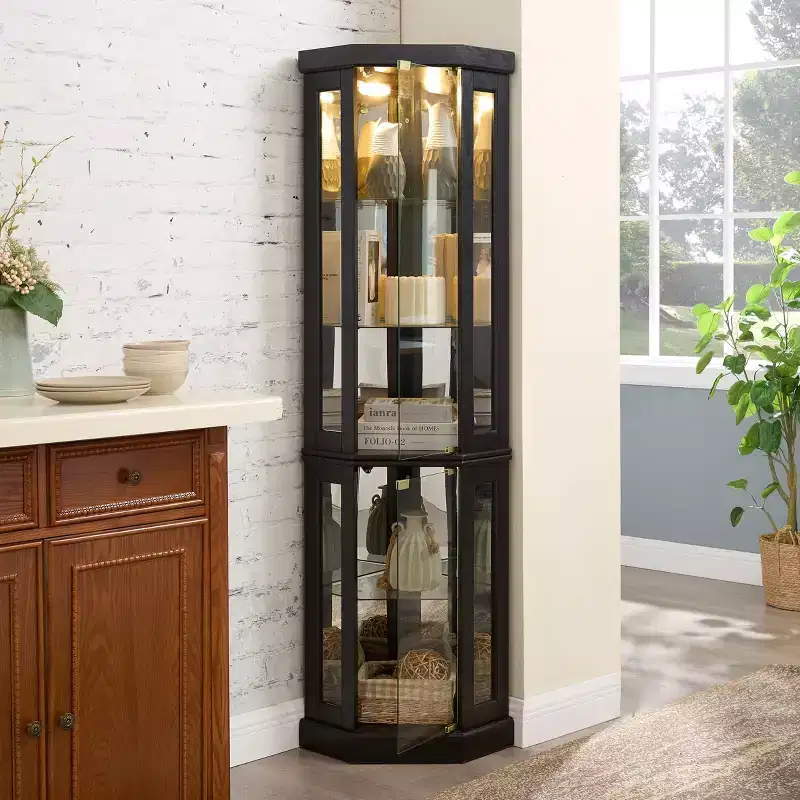 Okak Corner Curio Cabinet with 2 Glass Doors and Adjustable Tempered Glass Shelves, Corner Cabinet for Living Room, Kitchen