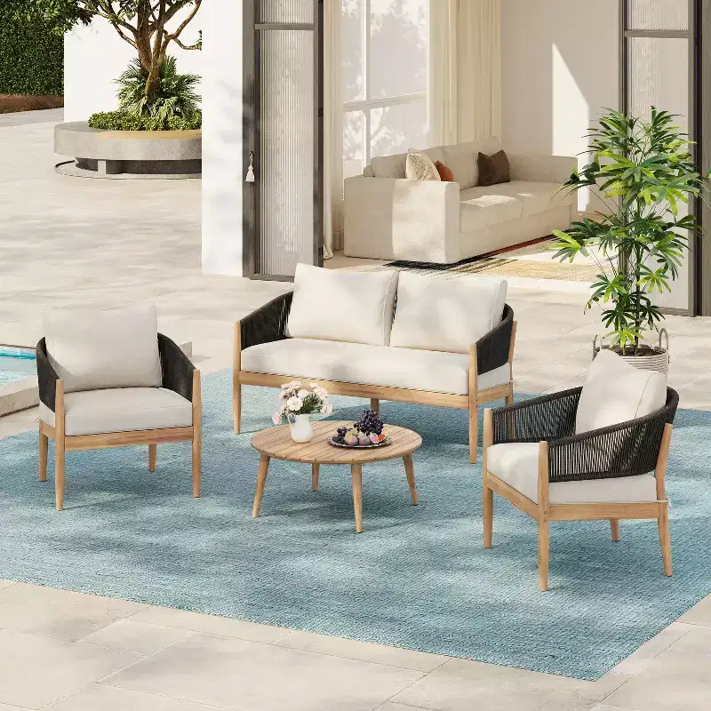 Christopher Knight Home Zill Modern 4 Piece Patio Acacia Wood Woven Rope Seating Set with Slatted Coffee Table