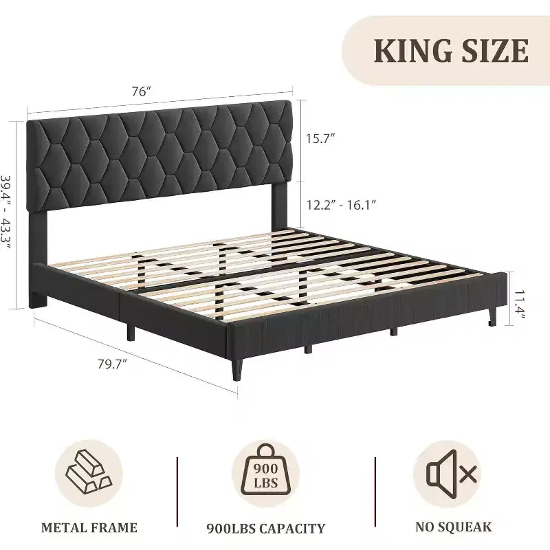 King Size Bed Frame with Upholstered Headboard and Wooden Slats Support, Upholstered Mattress Foundation/No Box Spring Needed/Easy Assembly, Grey