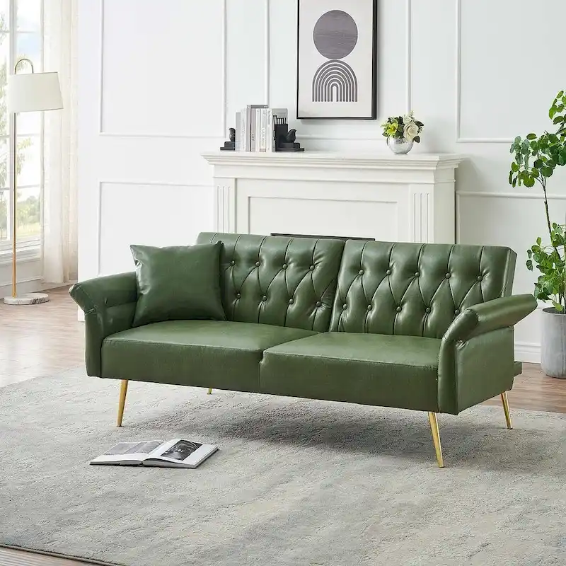 Futon Sofa Bed, Faux leather Foldable Couch Convertible Loveseat Sleeper Daybed with Adjustable Armrests for Small Space