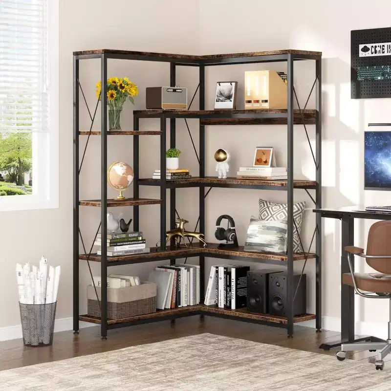 5 Tiers Corner Bookshelf, 70.86 Tall L-Shaped Bookcase, Corner Shelf Display Storage Rack with Metal Frame for Living Room Home Office