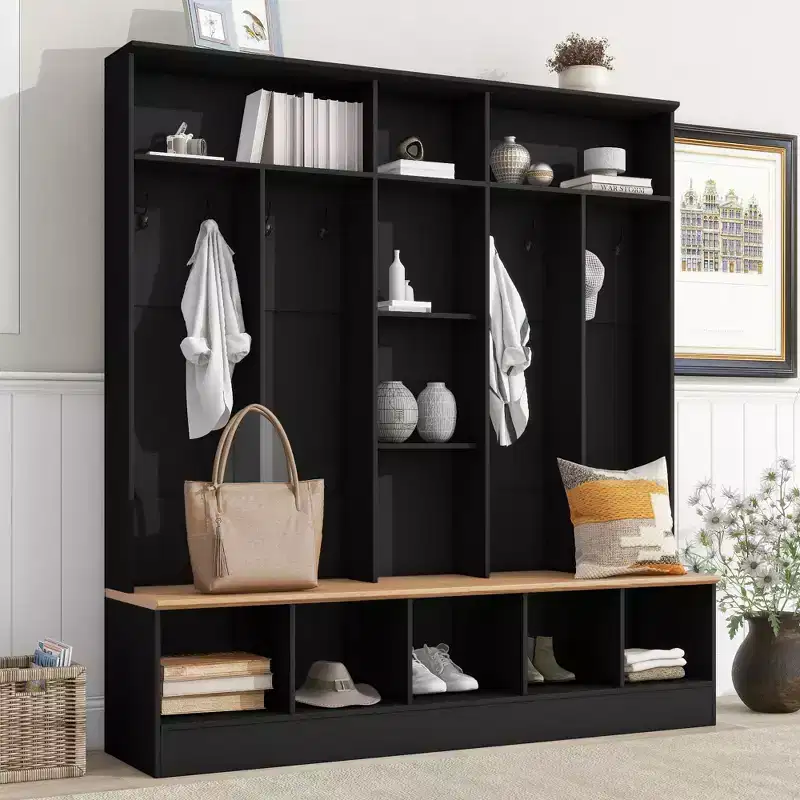 Black Hall Tree with Storage Bench, Shoe Cabinet, Cube Storage & 8 Coat Hooks