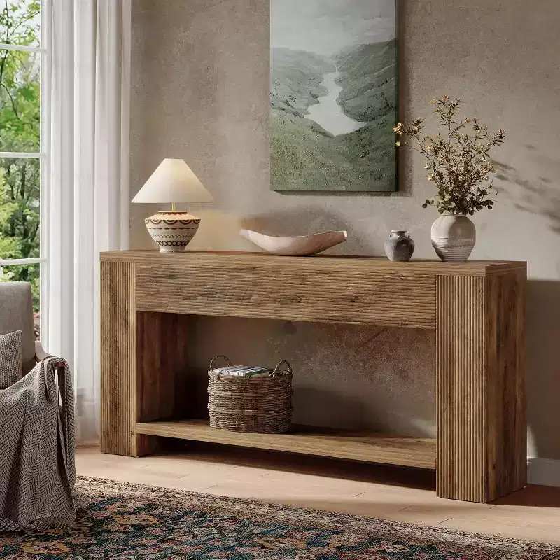 70.9 Inch Farmhouse Console Table, Fluted Narrow Sofa Table, 2-Tier, Rustic Brown