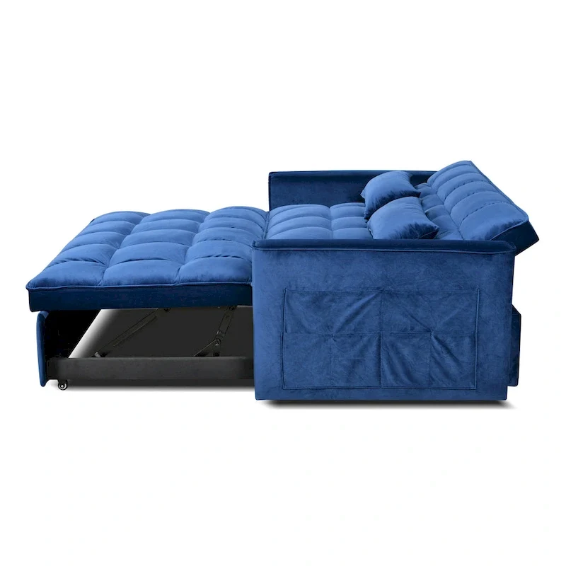 Modern Velvet Loveseat Futon Sofa Couch Pullout Bed, Small Love Seat Lounge Sofa w/Reclining Backrest, Toss Pillows, Pockets