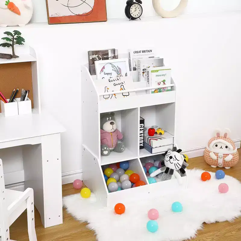 Kids Bookshelf and Toy Storage, Wood Book Shelf Organizer for Toddler, Playroom Storage, Children's Storage Cabinet, White Bookshelf Organizer