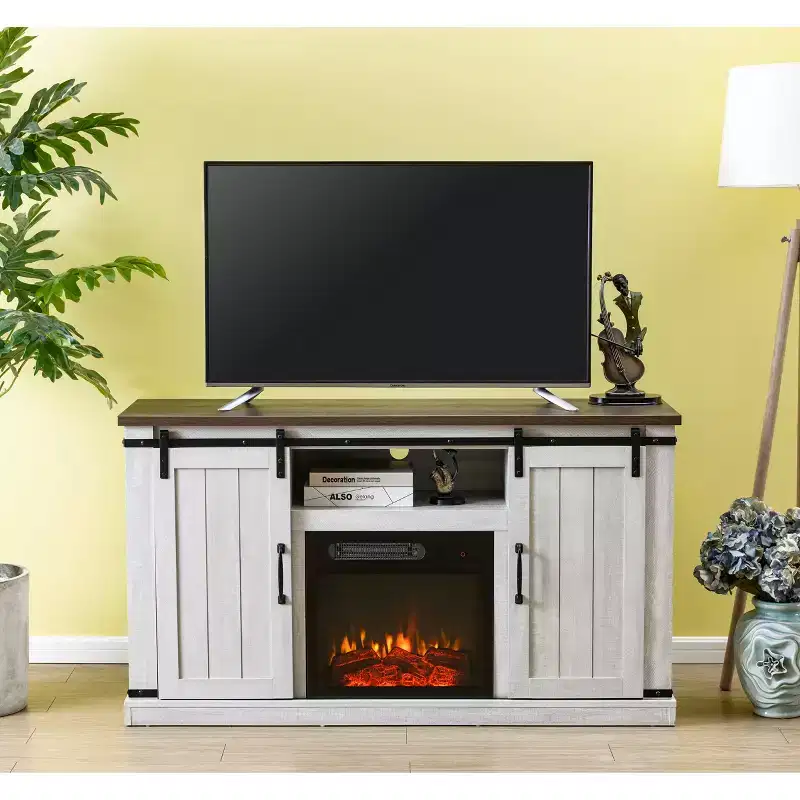 Electric Fireplace TV Stand with Barn Door Console for TVs up to 60