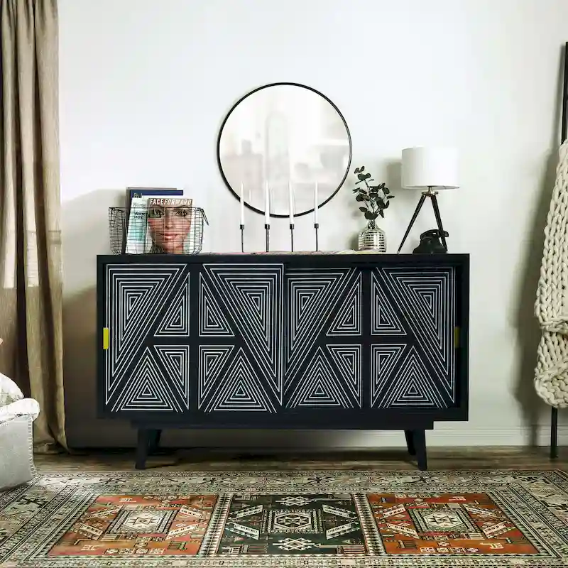 Mid-Century Modern Solid Mango Wood Sideboard Buffet with Geometric Pattern